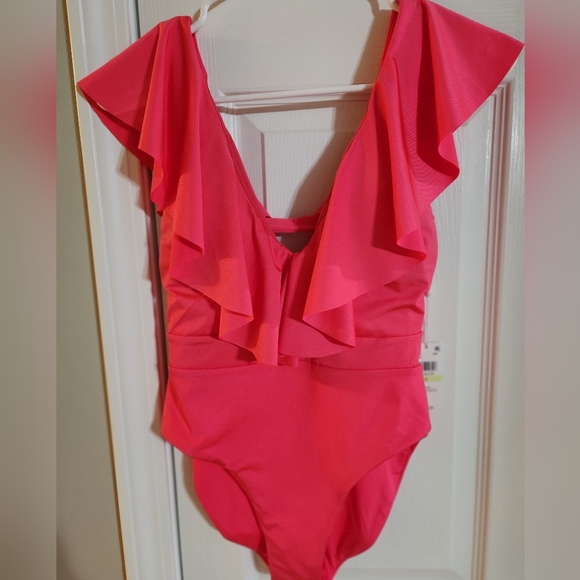 Trina Turk Women's Ruffle-Trim Plunge One-Piece Swimsuit Pink NWT - Picture 4 of 8